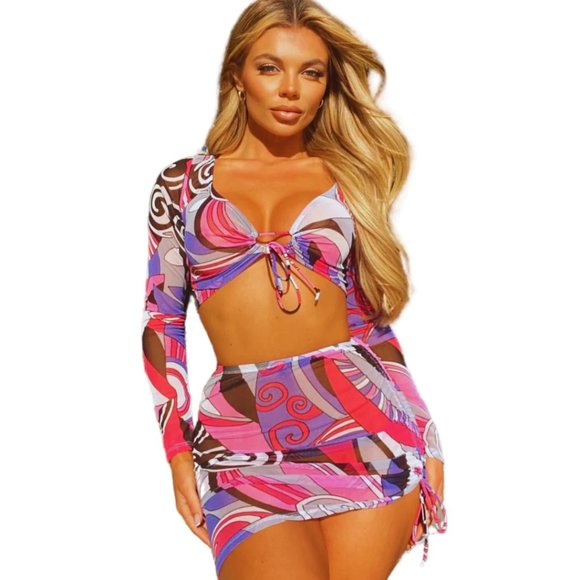 NEW! 2-PIECE MISS ME COLORFUL BEACH POOL SWIMSUIT COVER UP TOP & SKIRT SET | S - Picture 1 of 2
